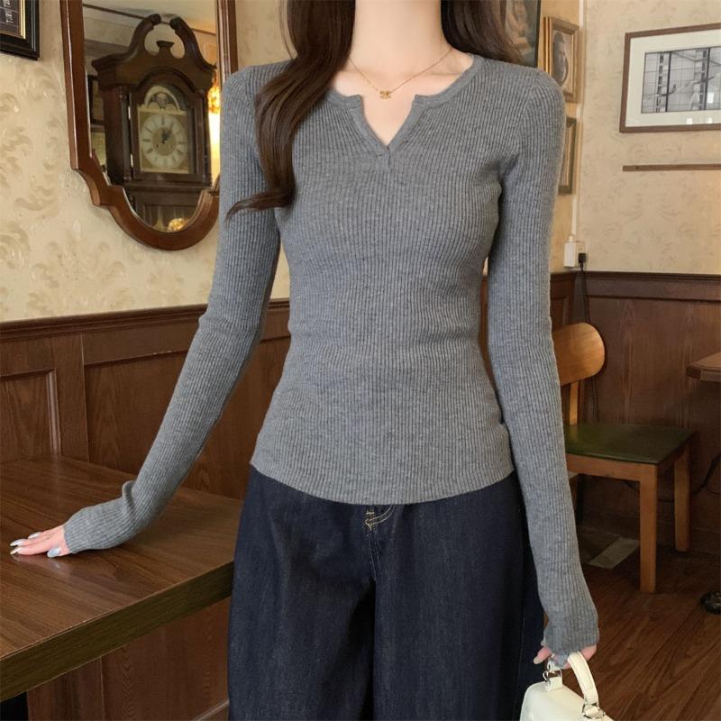 

Осень новый простой облегающий топ с V-образным вырезом однотонный базовый топ вязаный свитер женский свитер с длинным рукавом L серый