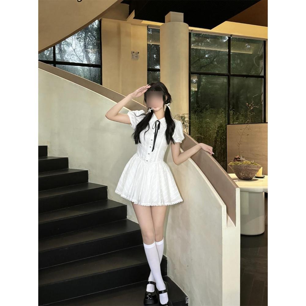 Preppy style white shirt dress temperament with a sweet and beautiful waist and short skirt women's new summer casual