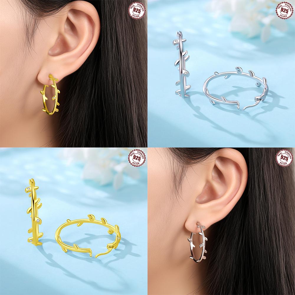 925 Silver Golden Leaf Large Earrings Woman's Floral Plant Earring Collection Valentine's Fine Gift Jewelry Accessory