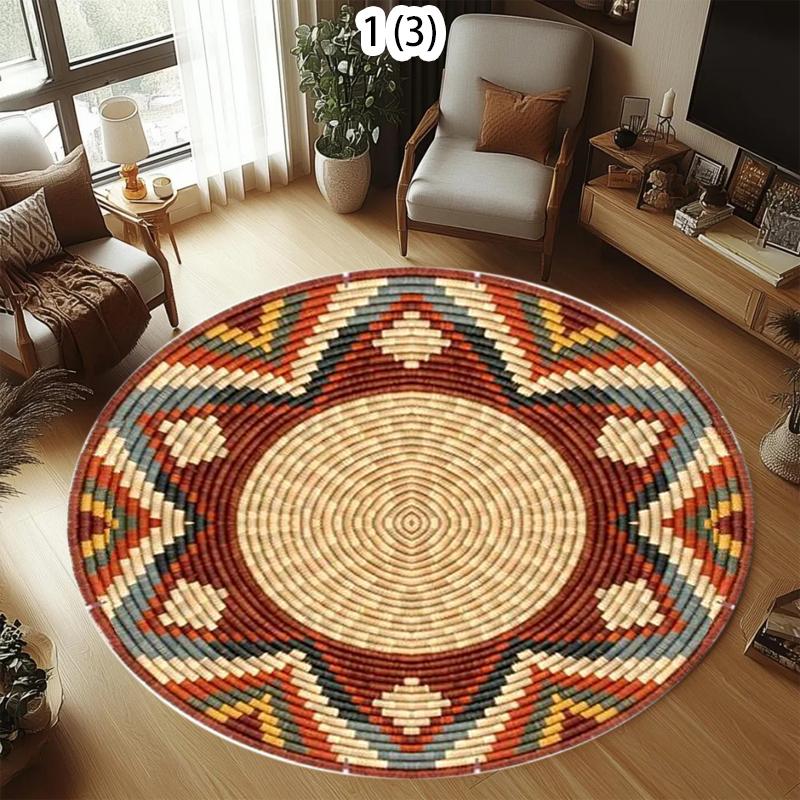

Round Woven Style Geometric Pattern Rug Ethnic Decor Non-Slip Durable Carpet for Living Room Bedroom Decorative Space rugs 80X80CM