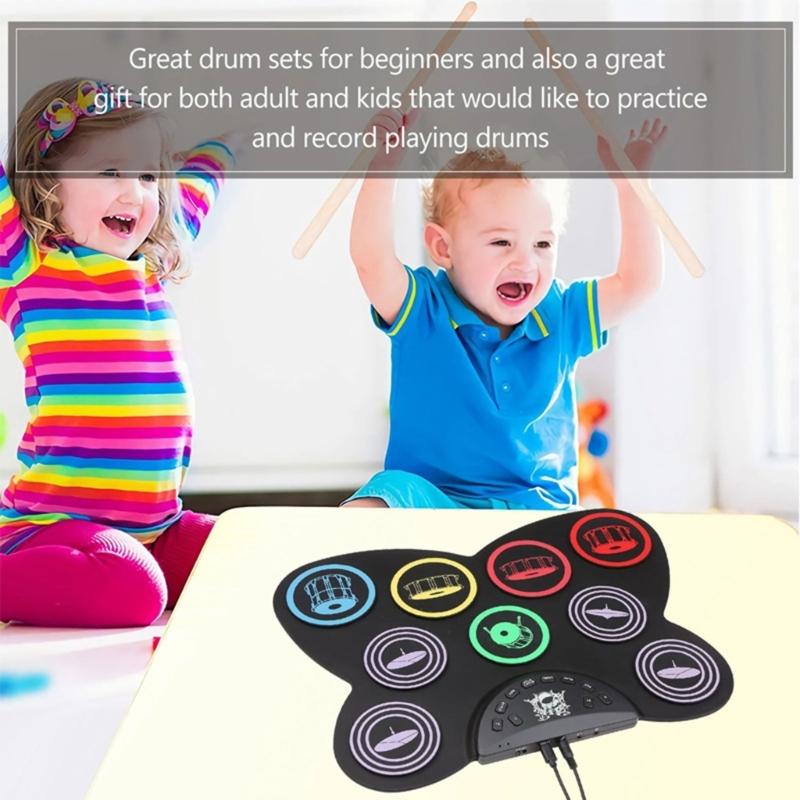 Elektronische Schlagzeugsets 9 Pads Rollbares Übungsschlagzeug mit eingebautem Lautsprecher Kopfhörer-USB-Anschluss für Kinder, Erwachsene, Anfänger
