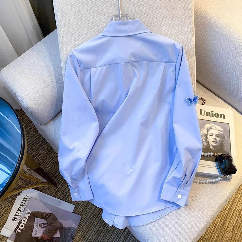 Bufferfly Retro Shirts Women Loose Casual Korean Blue Blouse Long Sleeve Sweet Female Design Elegant Spring Tops