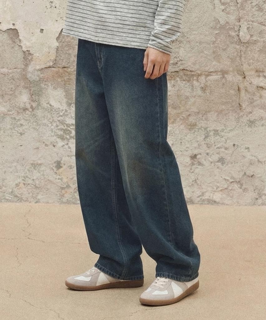 AGOD Washed Vintage Wide Balloon Denim Pants [Sand Indigo]