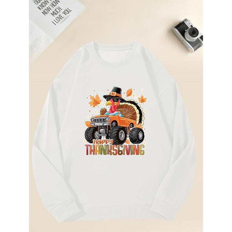 Men's Happy Thanksgiving Cartoon Turkey Print Casual Crewneck Sweatshirt