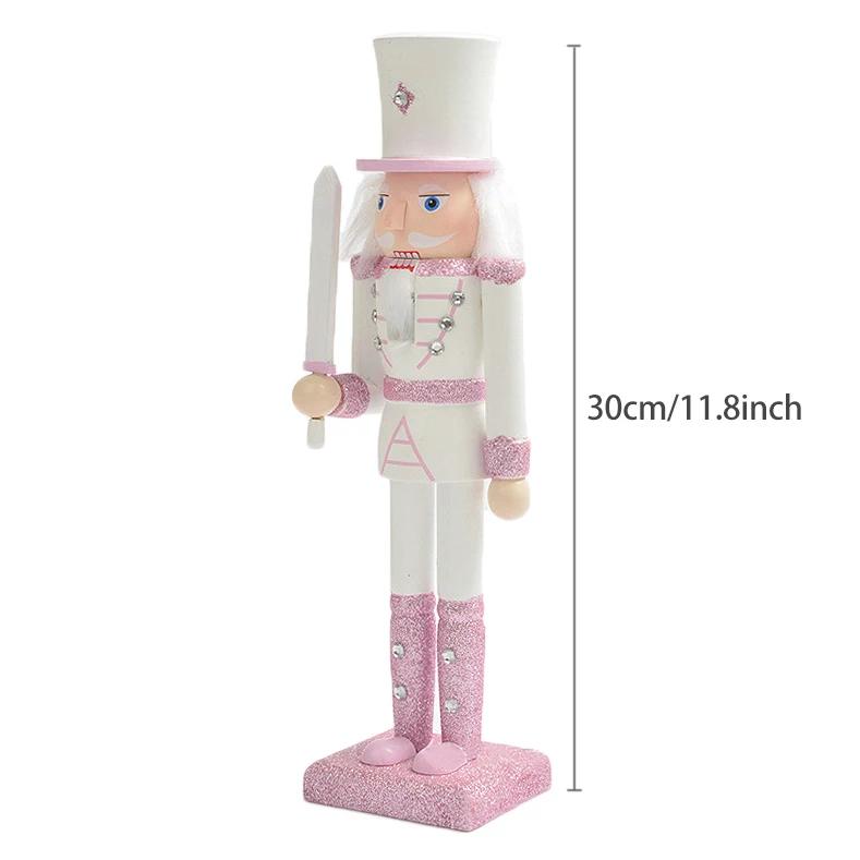 30cm Handmade Wooden Pink Nutcracker Soldier, Festive Collectible Tabletop Ornament, Unique Christmas Decor & Holiday Gift
