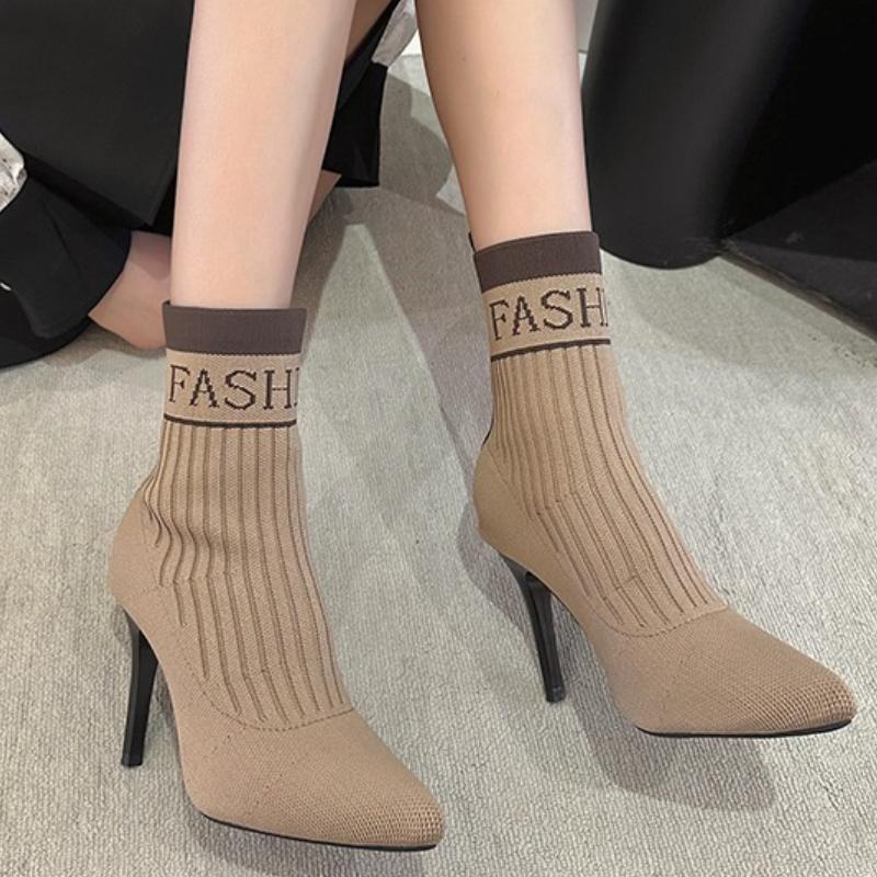 Trendy Retro Sock Boots 2025 Autumn Pointed Mesh Breathable Commuting Slim Heel Elastic Short Tube Women's Boots Zapatos Mujer
