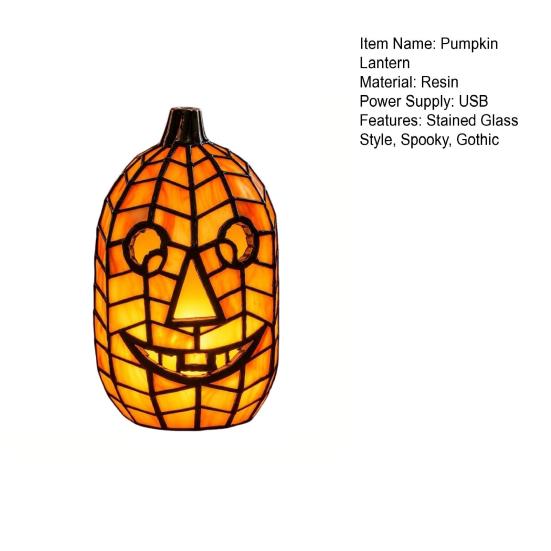 Eerie Demonic Face Sculpture Stained Glass Pumpkin Lamp, Halloween Fall Table Lamp with Warm Glow, Holiday Party Centerpiece USB Powered Resin Orange
