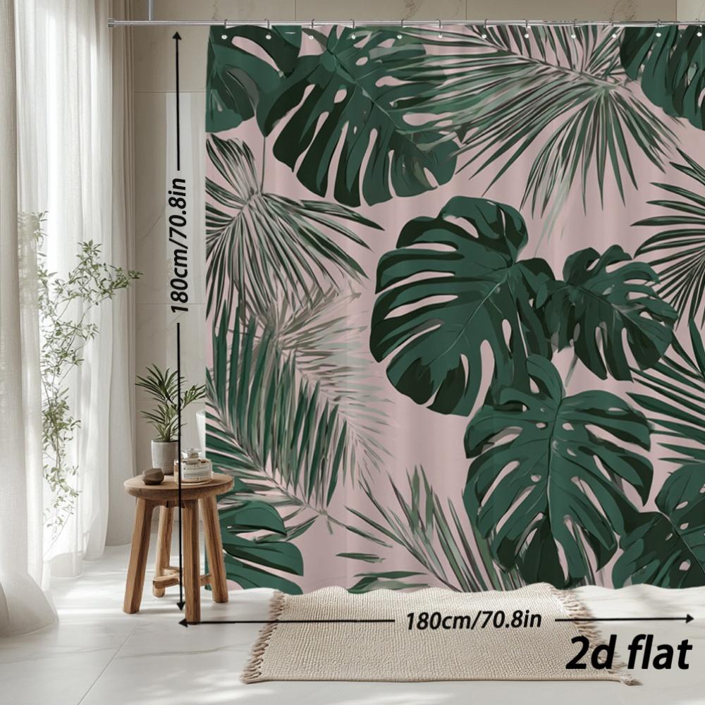 Tropical Leaf Shower Curtain – Pink Background With Monstera & Palm, 12 Hooks, 70.8×70.8 In, Polyester, Machine Washable