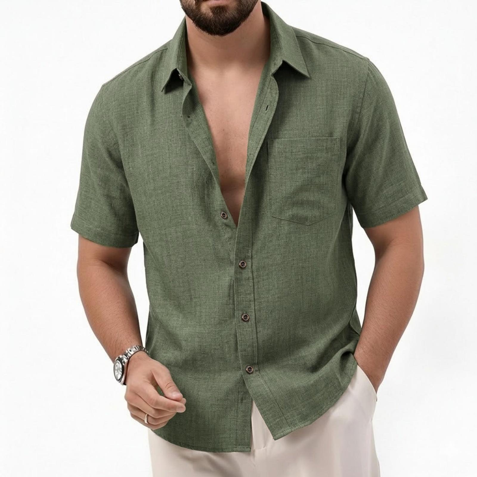

Men s Casual Fashionable Short-sleeved Shirt - Men s Breathable Cotton-linen Imitation Fabric Retro Single-pocket Shirt XL
