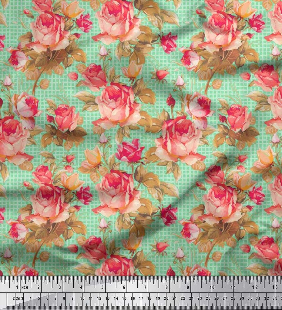 Soimoi Japan Crepe Satin Stoff Sjekk, Blader & Rose Blomstertrykk Sy Stoff meter 42 tommer
