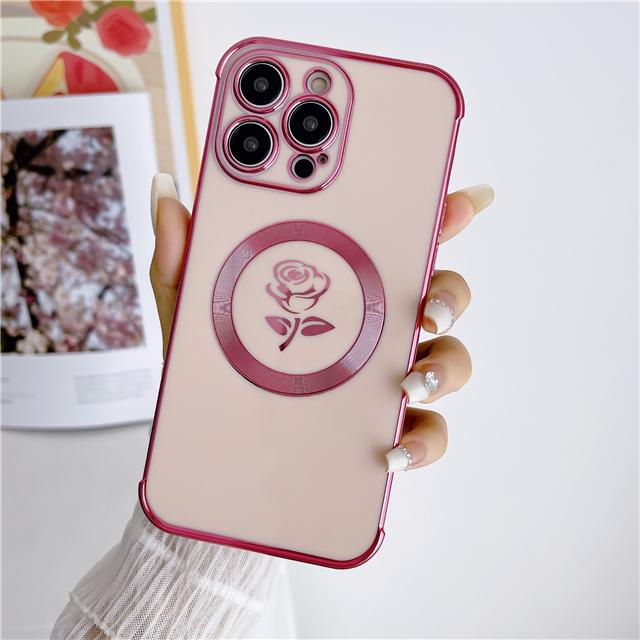 Luksusowa powłoka Rose Flower Frame Magsafe Magnetic Phone Case do iPhone'a 11 12 13 14 15 Pro Max Osłona obiektywu na etui 14 Plus