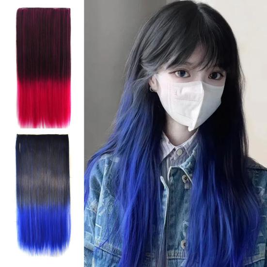 Extensie de păr cu culoare degradată, lung și drept, din fibră sintetică, păr fals, fără urme, moale, netedă, 23,6 inci, perucă de sârmă pentru temperatură înaltă.