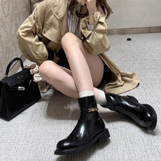 Grape mother Korean version elastic boots women's thick heels are not tired of feet versatile big head Martin boots women's side zipper short boots