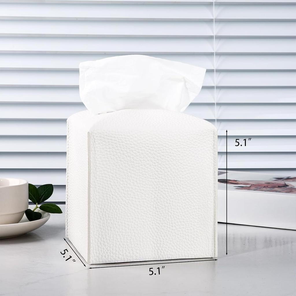 Tissue Box Cover, 2 Pack Beige & White Square PU Leather Tissue Box Holder Decrative Tissue Cube Organizer for Tabletop, Bathroom, Car, Office