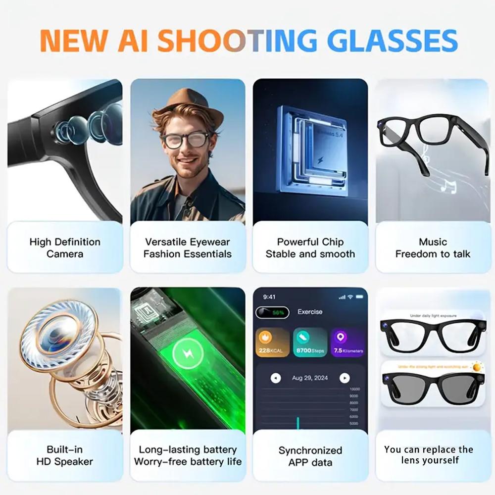 New Smart Glasses with AI Translator 8MP Camera 4K HD Take Videos and Photo Sunglasses BT Call for Men Women Fashion Glasses Wireless Music Playback