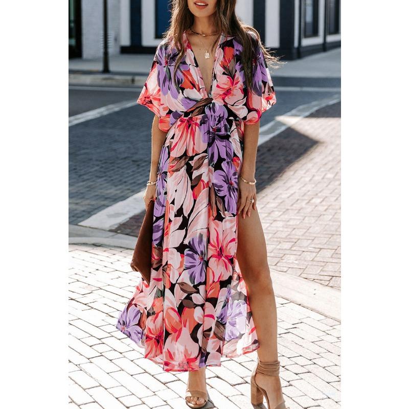 Summer European and American Women's New Sexy High-waisted Fashion Print Slit Dress Women Long Dress Casual Dress