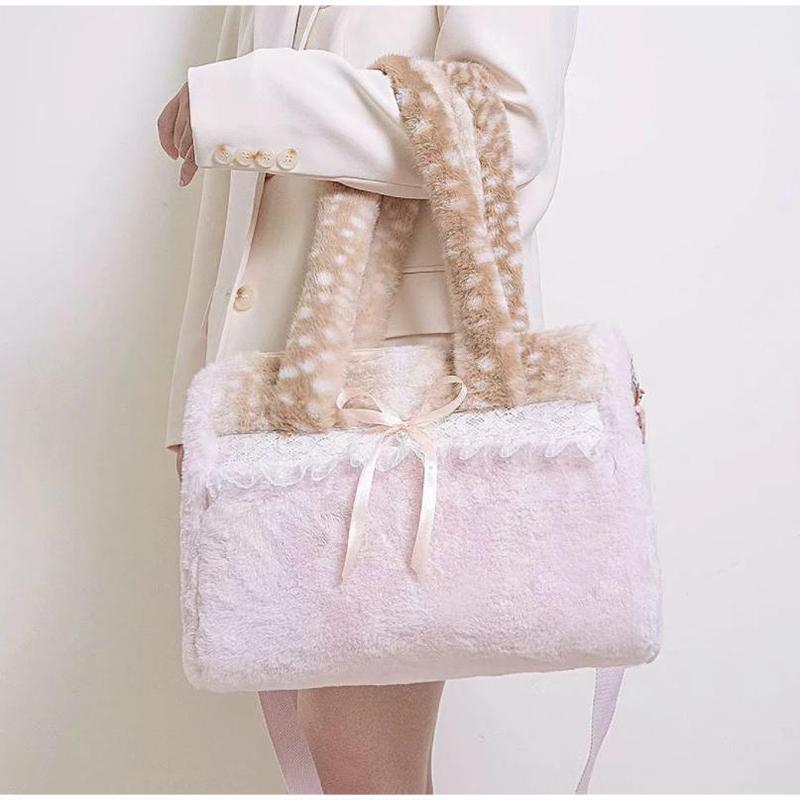 Cute Pink & Brown Plush Tote Bag Lace Bow Decor Soft Shoulder Bag Sweet Lolita Style Large-capacity Handbag Furry Crossbody Bag