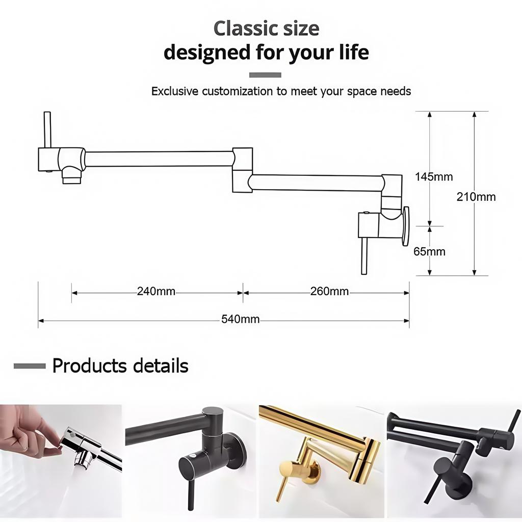 Solid Stainless Steel Wall-Mounted Kitchen Sink Faucet Dual Handle Pot Filler Single Hole Ceramic Valve Core for Hotels