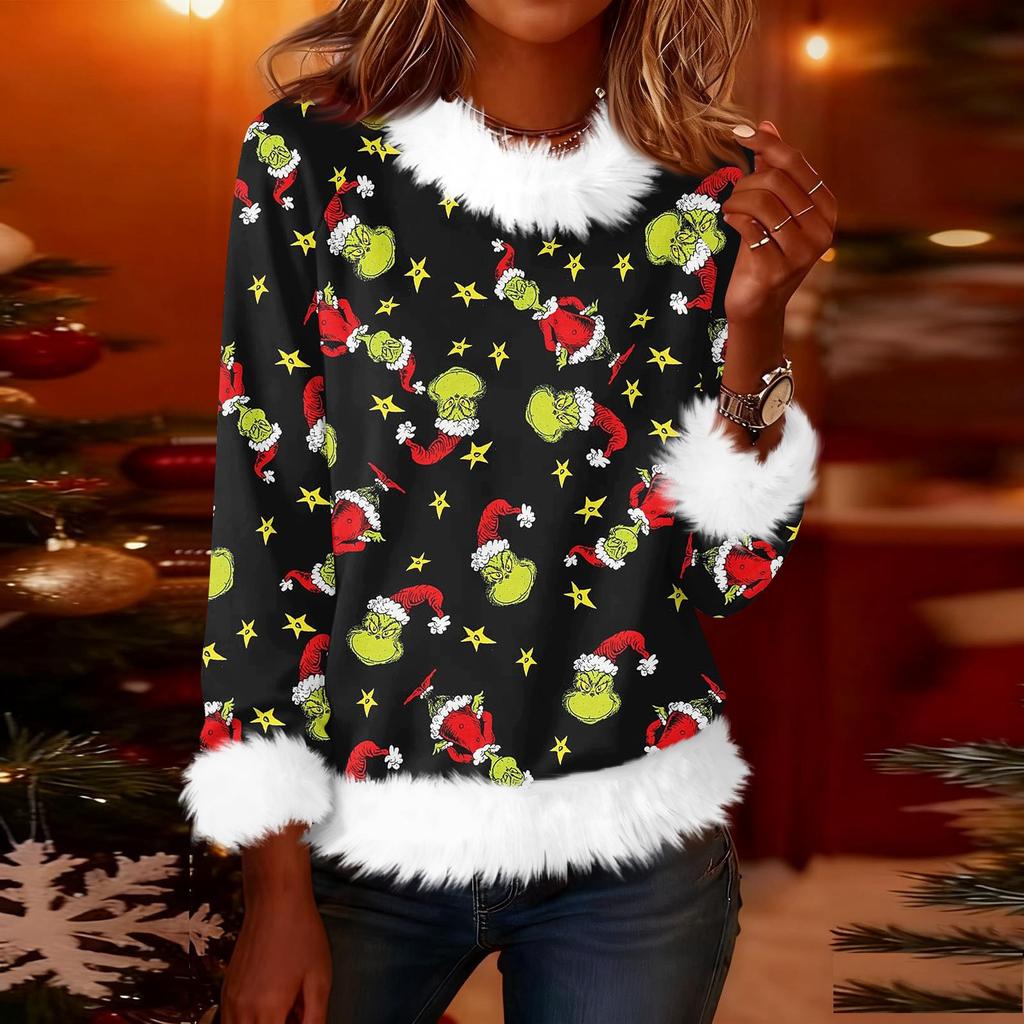 Damen Modisches Weihnachten Bedrucktes Rundhals Langarm Casual Pullover T-Shirt Top