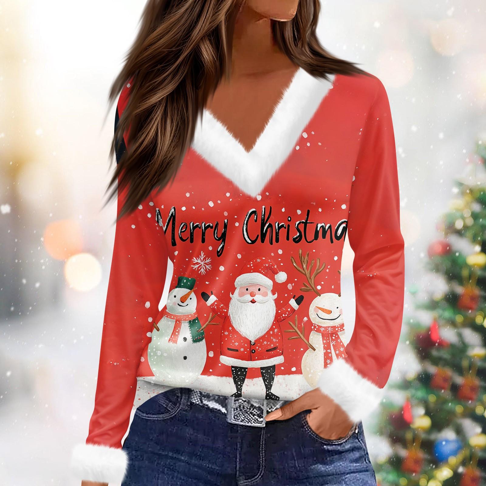 

Женский модный повседневный топ с V-образным вырезом и длинными рукавами, рождественским принтом и плюшевым воротником S белый