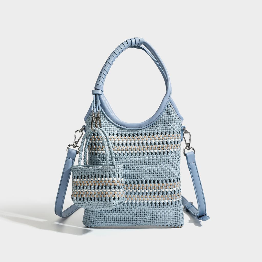 New color blocking woven handbag with female niche design, fashionable mobile phone bag, versatile hollow shoulder bag
