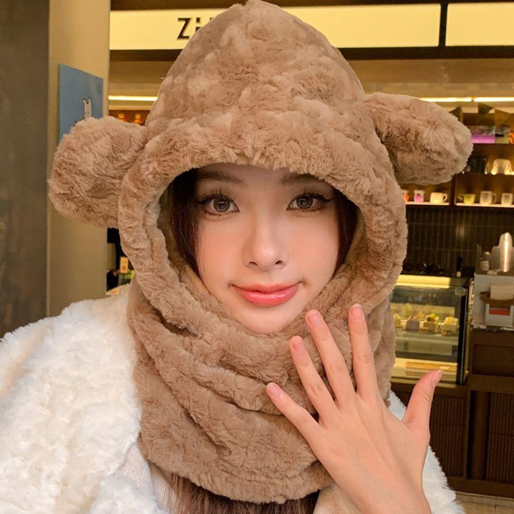 Keep Warm Bear Ears Beanies Hat Plush Hooded Scarf Pullover Hat Kawaii Mask Skullies Set  Riding