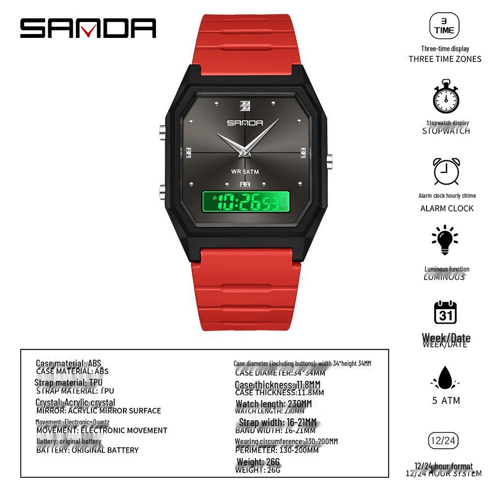 Sanda TEMU Men's Sports Watch: Hot-Selling, Waterproof, Luminous, Thin Square Design, Dual Display, Three Time Zones.