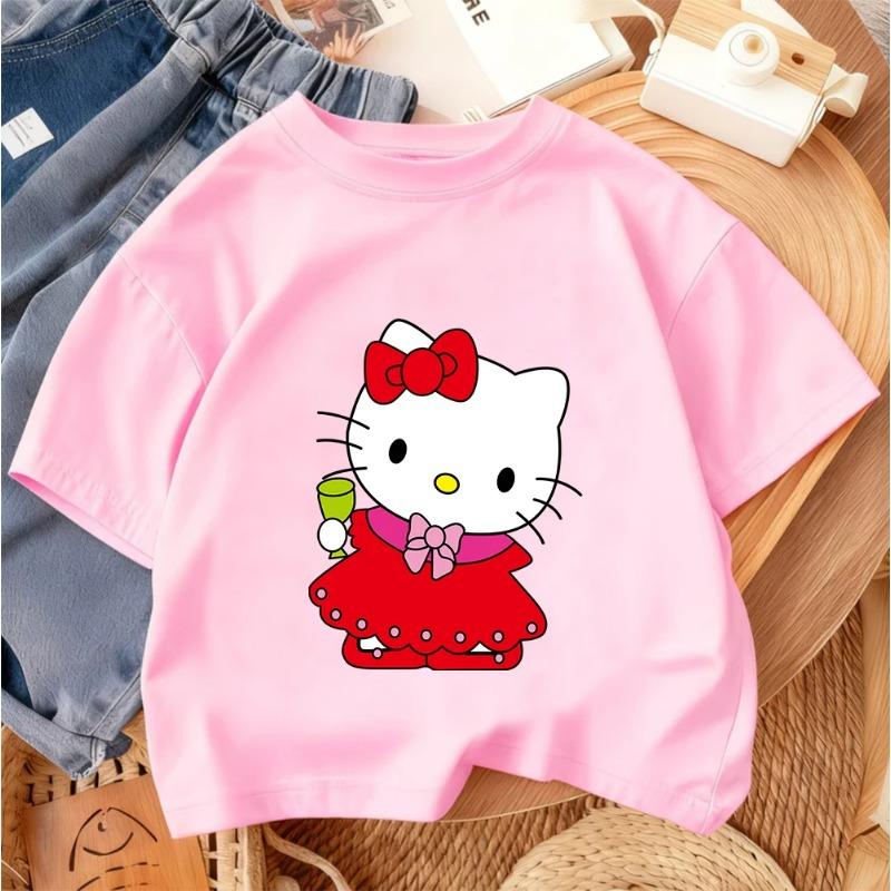 Summer Cute Casual Round Neck Top Street Style Children's Hello Kitty Cartoon Fashion T-Shirt