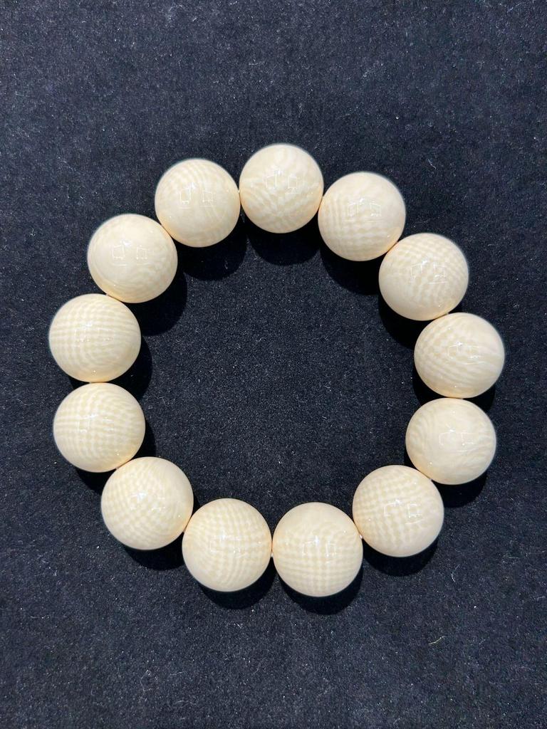 Erkek Budist Tesbih Bileklik - Izgara Desenli Taklit Mamut Fildişi, Tek Tur, Edebi El Sanatı