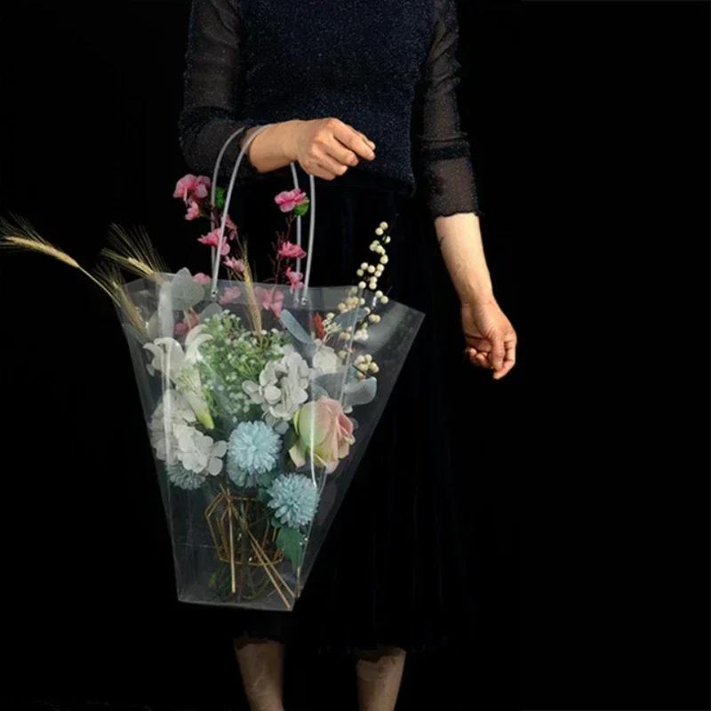 Διαφανής Τραπεζοειδής Τσάντα Χειρός Πλαστικό PVC Αδιάβροχη Χειρός Δώρο Φορητή Τσάντα PP Τσάντα Λουλουδιών Ανθοπωλείο Συσκευασία Δώρου Μπουκέτου