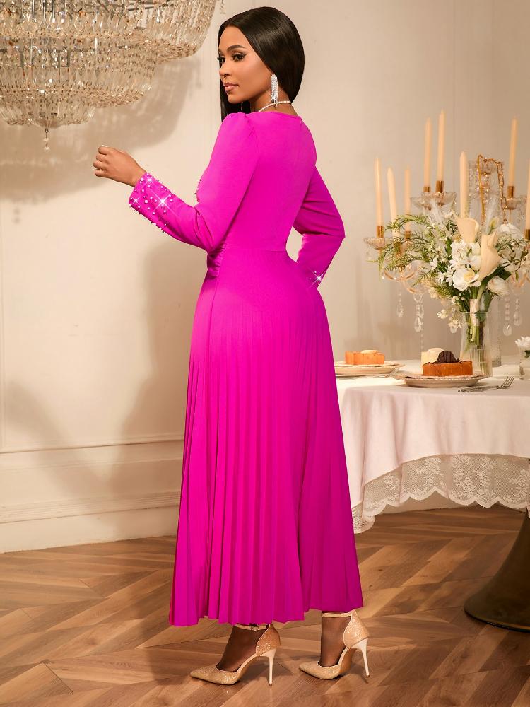 Rose Plissierte Kleider Perlen V-Ausschnitt Langarm Hohe Taille A-Linie Abend Cocktail Party Knöchellang Figurbetont und Ausgestellt Roben