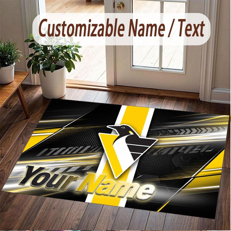 Custom Rug Pittsburgh Penguins Pattern Print Name Text Soft Non‑Slip Floor Carpet for Home Indoor Decoration