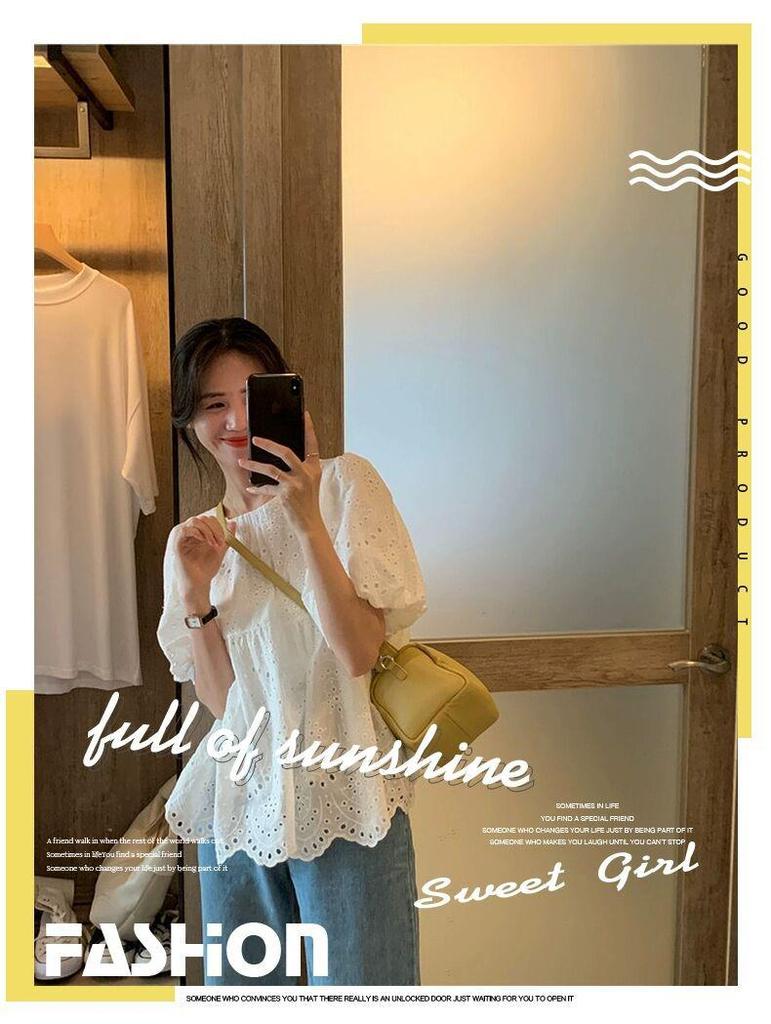 2025 Summer Women's French Embroidered White Doll Shirt with Hollow Bubble Short Sleeves
