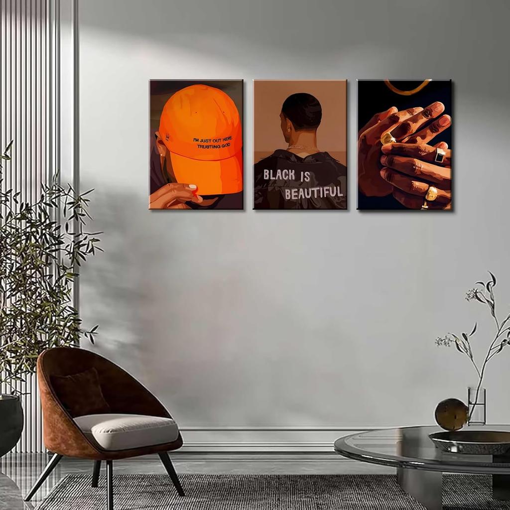 Black Men Canvas Wall Art Set of 3 Fashion African American Black Man Posters Prints Black Art Wall Decor Pictures for Living Room Bedroom
