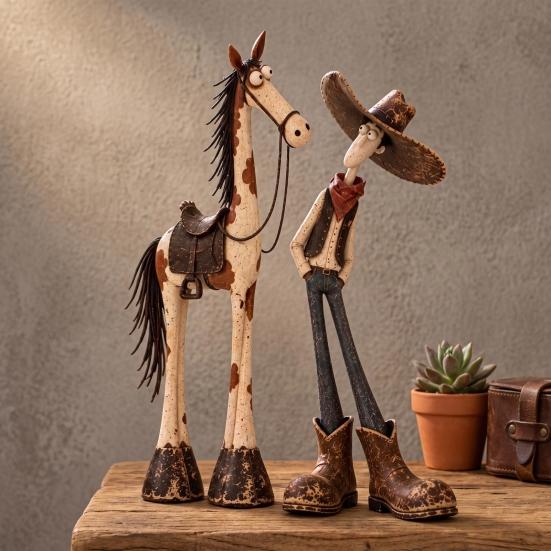 Handcrafted Horse Sculpture 1/2Pcs West Cowboy Figurine, Cartoon Resin Statue, Figurine Shaped Desktop Decoration for Home Office Western Statue