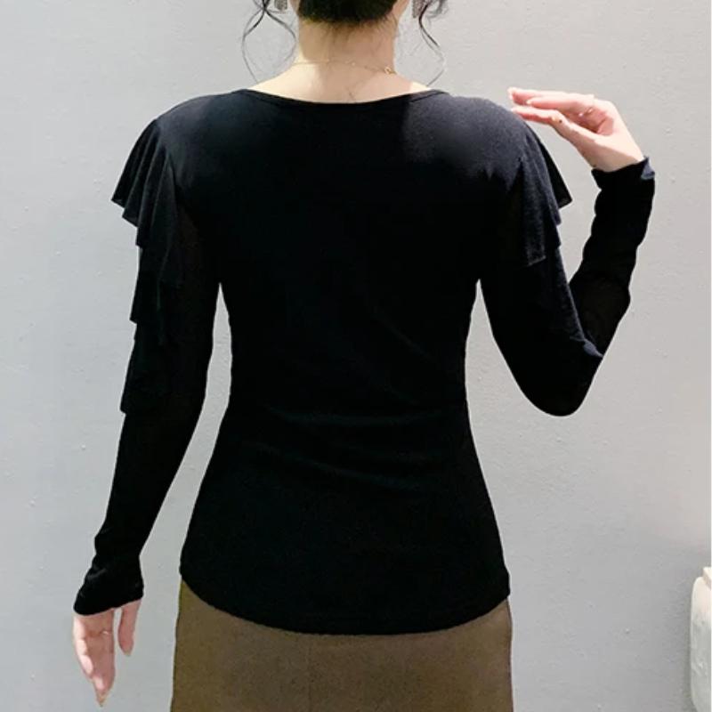 Fashion Spring Autumn Korean Sexy V-neck Hot Diamonds T-shirt Chic Hollow Out Long Sleeve Womens Tees Streetwear Girl Elastic Mesh Top