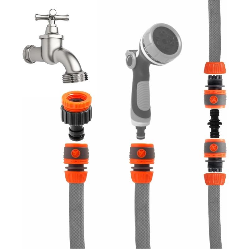Garden Hose Connector and Accessories Set - Outside Faucet to Hose Adapter, 3/4" and 1/2" Dual Male Connectors