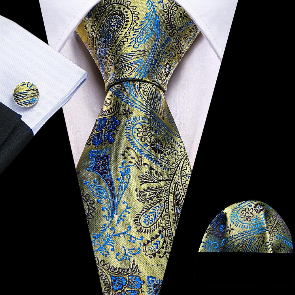 Barry.Wang Floral Ties for Men Woven Paisley Wedding Necktie Handkerchief Cufflinks Formal Casual Set