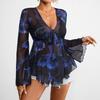Women Tie Dye Mesh Peplum Top Long Sleeve V Neck With Front Tie