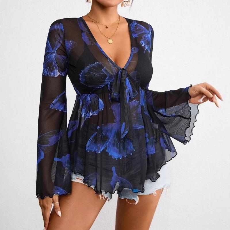 Women Tie Dye Mesh Peplum Top Long Sleeve V Neck With Front Tie