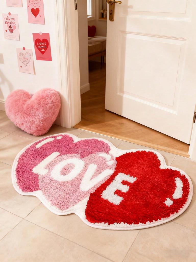 1PC Valentine's Day Heart-shaped Floor Mat - Soft, Anti-slip, with Red and Pink Heart-shaped Patterns and the Word "LOVE"