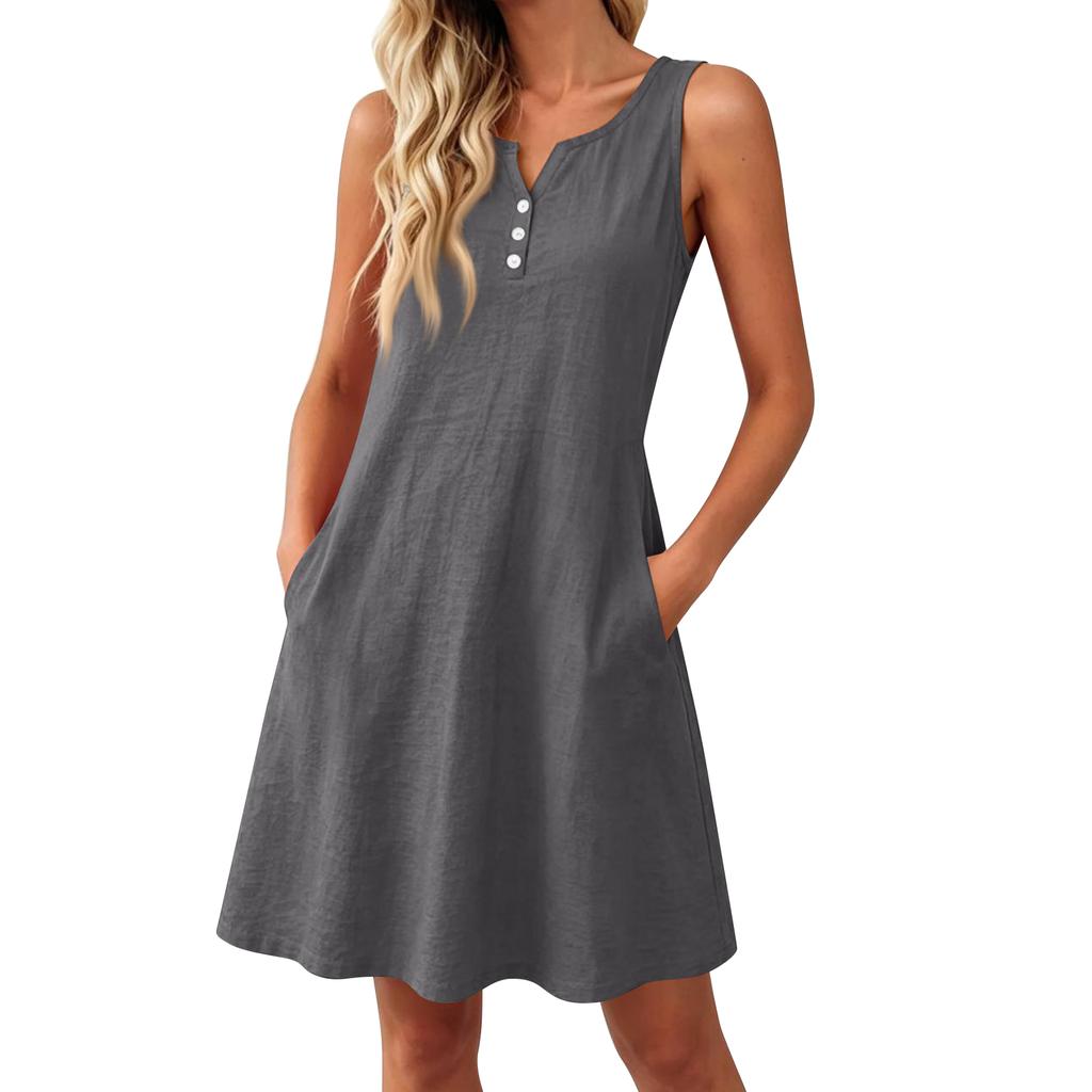 Summer Dresses Loose V Neck Sleeveless Sundresses Swimsuit Coverup With Pockets