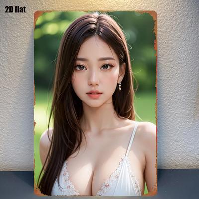 HD Printed Beautiful Asian Girl White Lace Lingerie Metal Tin Sign, Retro Fashion Wall Art Decor for Home, 8x12 Inch