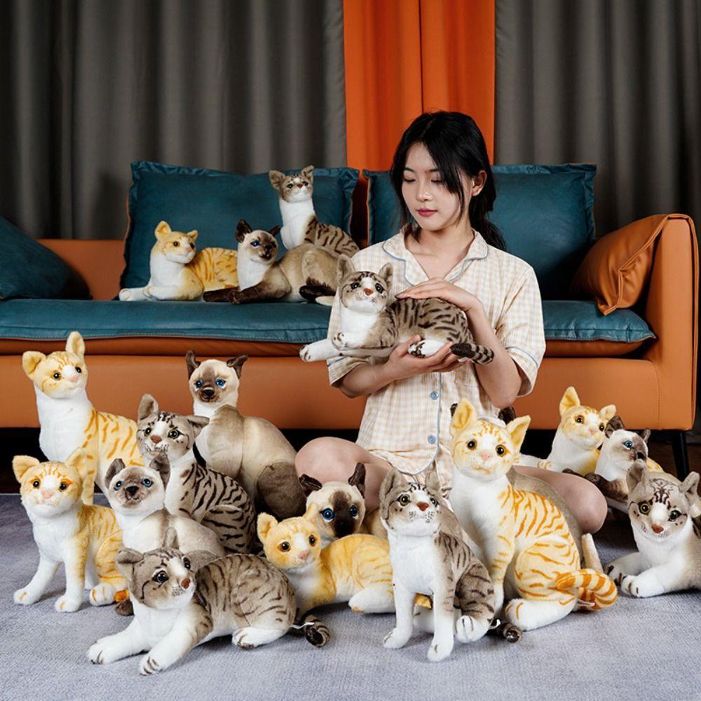 Fluffy Lying Down Cat Plush Toy Tabby Cat Siamese Cat Pillow Cute Animal Plush Doll  Kids Gift