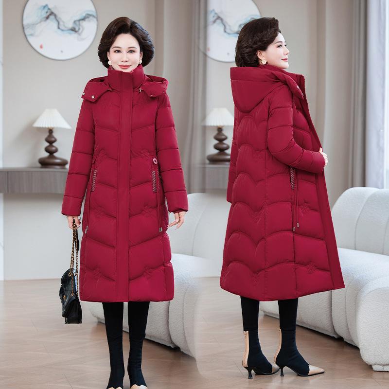 Women's XL-7X Down Cotton Long Jacket - Over-the-Knee Slimming Outerwear for Middle-Aged and Elderly