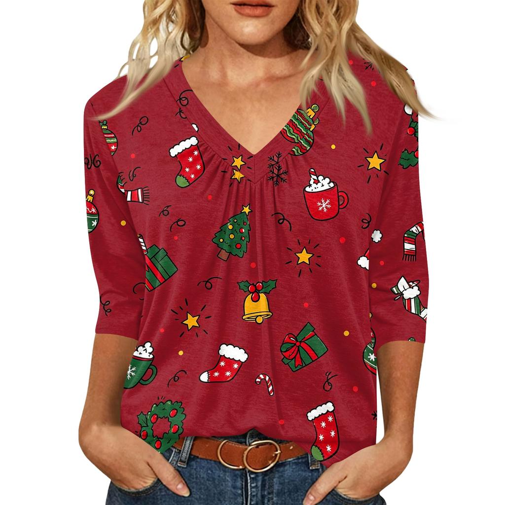 Women's Fashion Casual V-Neck Christmas Print 3/4 Sleeve Top for Holiday Party Wear