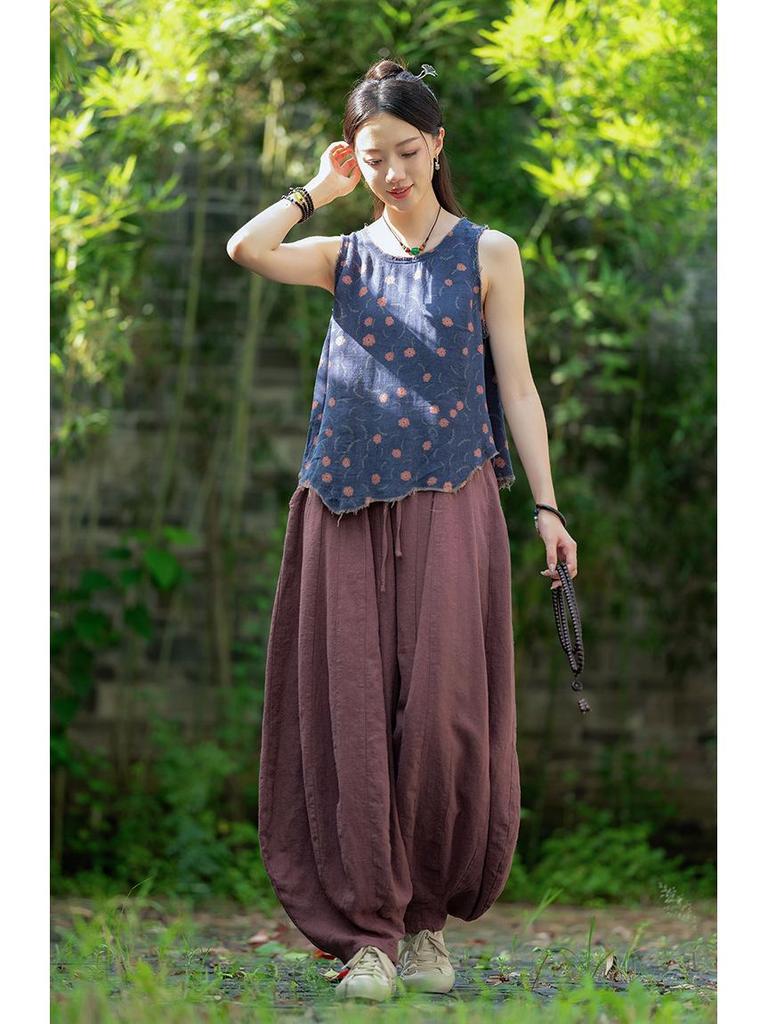 Women's Artistic Retro Loose Cotton Linen Pumpkin Patchwork Lantern Pants