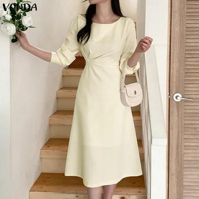 Elegant Women Round Neck Long Sleeve Side Ruffled Casual A-line Dress