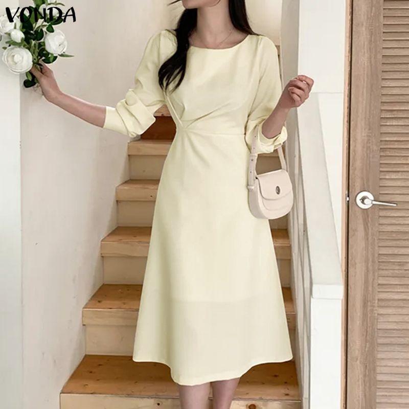 VONDA Elegant Women Round Neck Long Sleeve Side Ruffled Casual A-line Dress