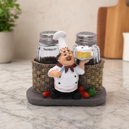 DYS Salt And Pepper Shakers Set, Decorative Resin Chef Statue Spice Organizer, Glass Seasoning Holder for Kitchen Dining Centerpiece